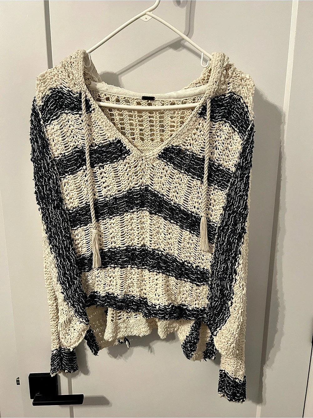 Free People Poolside Crochet Hoodie Striped V-Neck Sweater